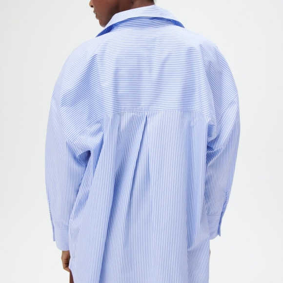Zara Blue White Stripe Top 3/4 Sleeve With Gold Oversized Button Down Size XS - Picture 7 of 17